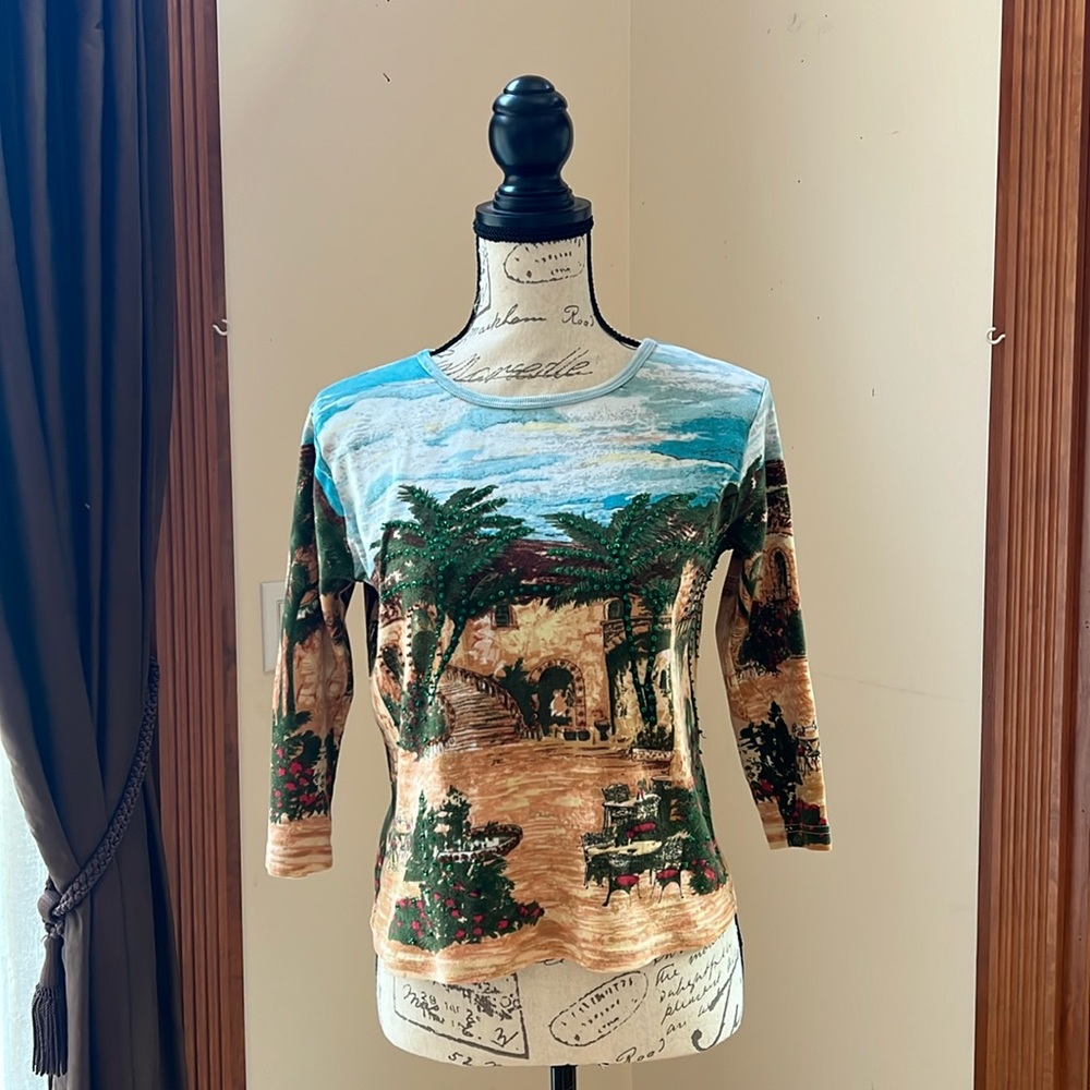 Vintage Women’s 3/4 Sleeve Beaded 100% Cotton Shirt | Large